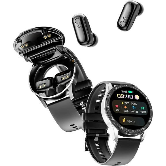HYDZXINGW Smart Watch with Built-in TWS Wireless BT5.0 Earbuds, Black