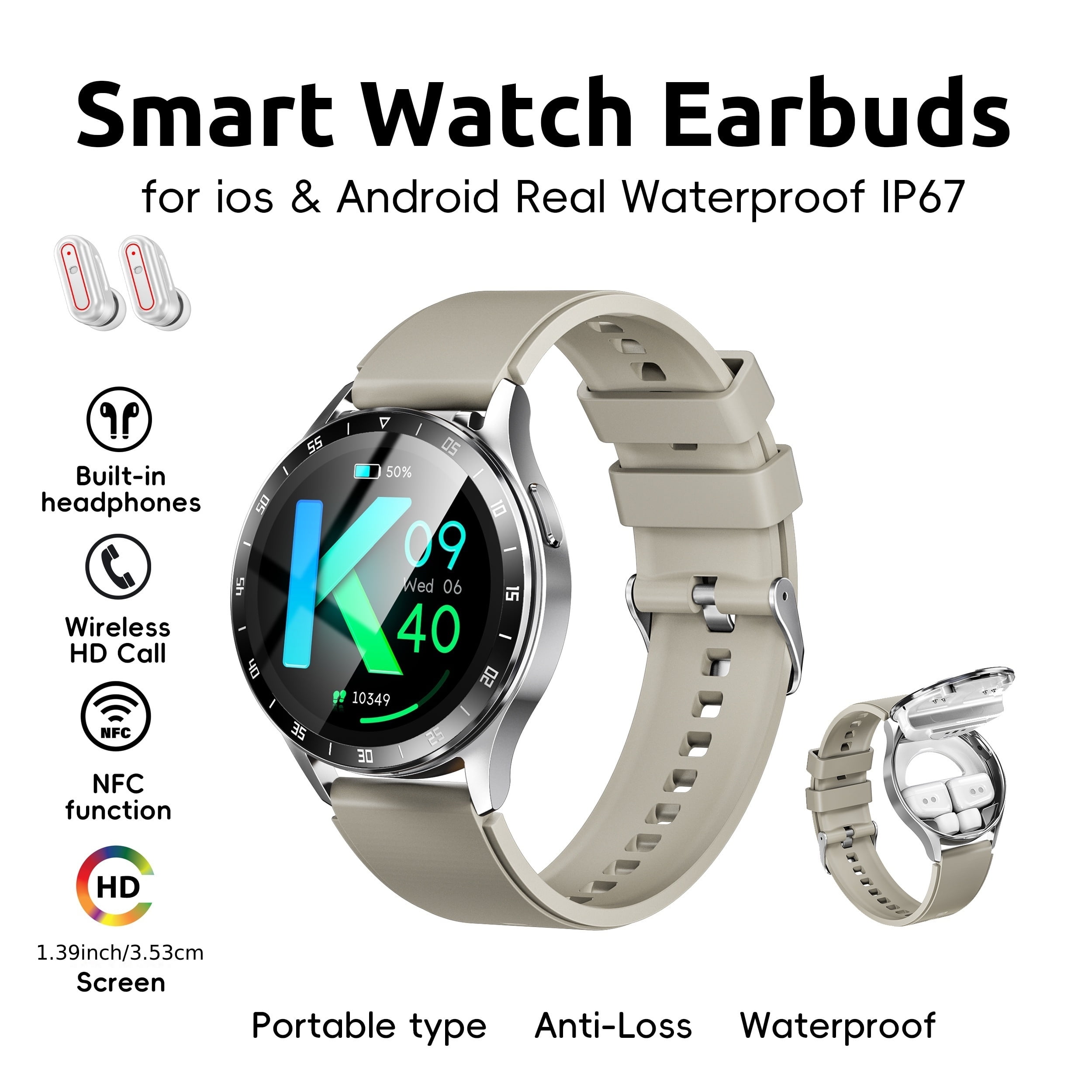 Smart Watch with Earbuds 2 in 1 for iOS & Android - Walmart.com