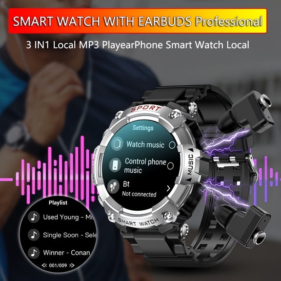 Smart Watch with Earbuds, TWS Wireless Headphones Sports Watch, Fitness Tracker, MP3,Voice Recorder, Call, Multiple APP Message Reminders