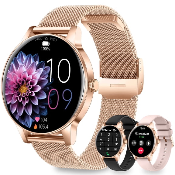 Smart Watches for Women, 1.27" HD Round 3 Bands Rosegold | Fitness Tracker for Android Phones & iPhones, Answer/Make Calls, Sleep Monitor, 110+ Sport Modes