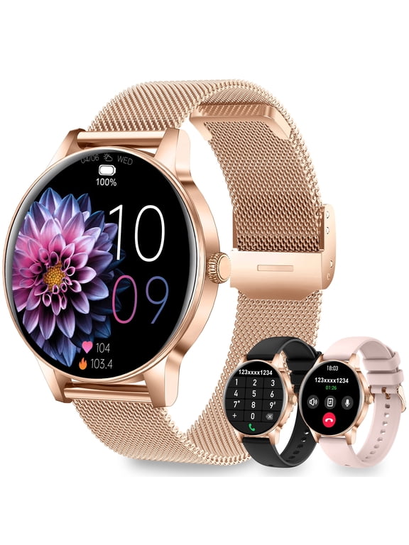 Smart Watches for Women, 1.27" HD Round 3 Bands Rosegold | Fitness Tracker for Android Phones & iPhones, Answer/Make Calls, Sleep Monitor, 110+ Sport Modes