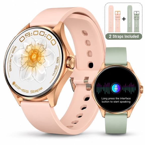 Smart Watches for Women, 1.32" AMOLED Round Display Fitness Tracker/Pedometer for Walk, Bluetooth Calls, IP68 Waterproof Ladies Smartwatches Compatible with iphone Android, for Gift, 2 Straps, Gold