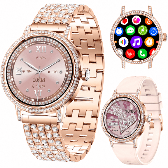 Smart Watches for Women with Diamonds Bluetooth Calls, 1.27" HD Screen Smartwatch, Fitness Tracker with Multiple Sports Modes,Android & iOS Compatible (Gold Steel)
