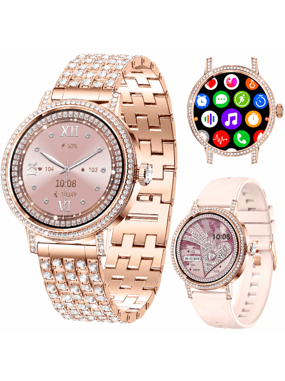 Smart Watches for Women with Diamonds Bluetooth Calls, 1.27" HD Screen Smartwatch, Fitness Tracker with Multiple Sports Modes,Android & iOS Compatible (Gold Steel)