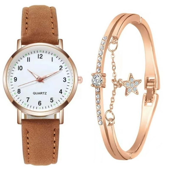 Smart Watches - Women's Classic Quartz Watch With Luminous Dial, Frosted Leather Strap, Retro Small Round Women's Watch With Bracelet
