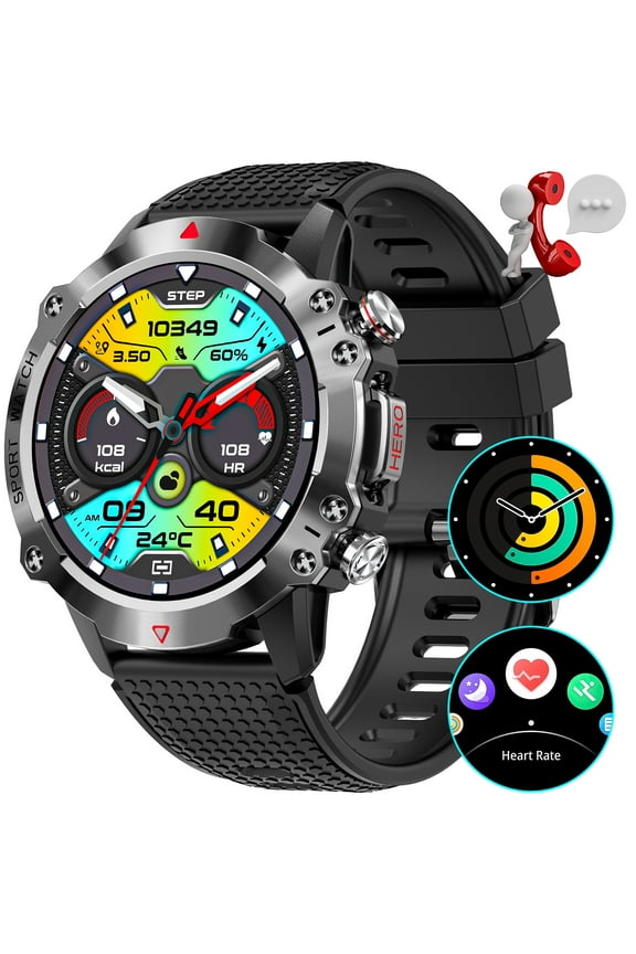 Smart Watches for Men, 1.39'' HD Tactical Watch with Bluetooth Call Rugged Outdoor Fitness Tracker Men's Smartwatch for iPhone Android Phones