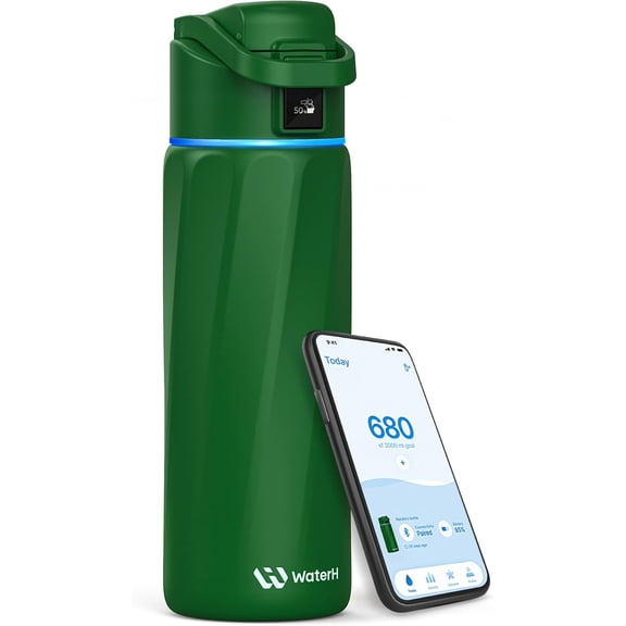 Smart Water Bottle with Hydration Reminder, 24 oz Emerald Green Stainless Steel Vacuum-Insulated Wide-Mouth Tracker
