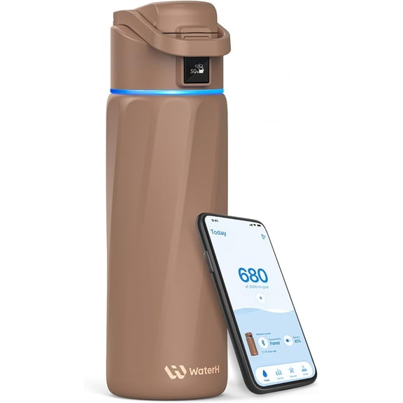 Smart Water Bottle with Hydration Reminder, 24 oz Mocha Stainless Steel Vacuum-Insulated Wide-Mouth Tracker Bottle