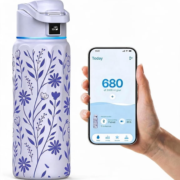 Smart Water Bottle with Hydration Reminder 32 Ounces Lavender Garden