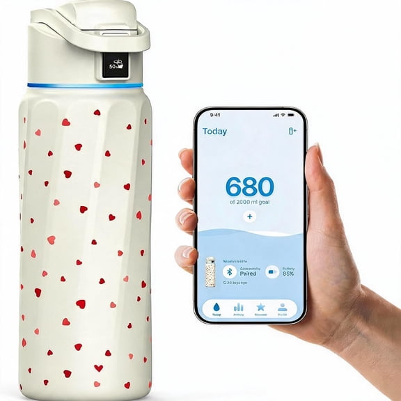 Smart Water Bottle with Hydration Reminder 32 Ounces Red Heart