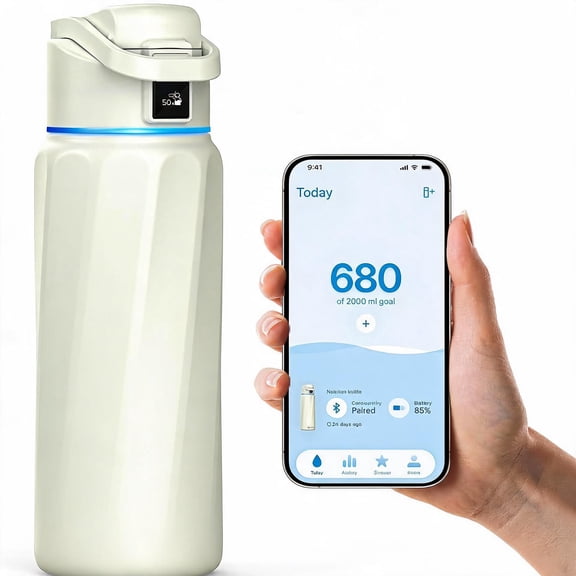 Smart Water Bottle with Hydration Reminder 32 Ounces White
