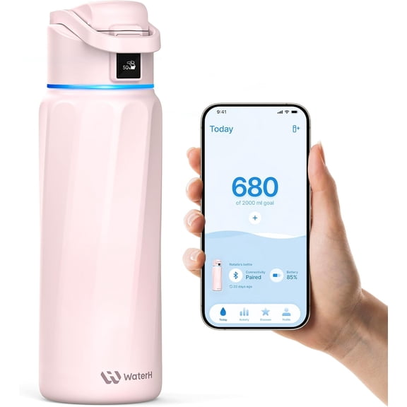 Smart Water Bottle with Reminder and Tracker Double Wall Vacuum Insulated Stainless Steel 32 Ounces Pink