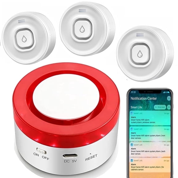 Smart Water Leak Detector WiFi Alarm Kit, 1 Hub + 3 Sensors, 100dB Loud Siren, App Alerts, TUYA Smart Flood Sensor for Kitchen Bathroom Basement