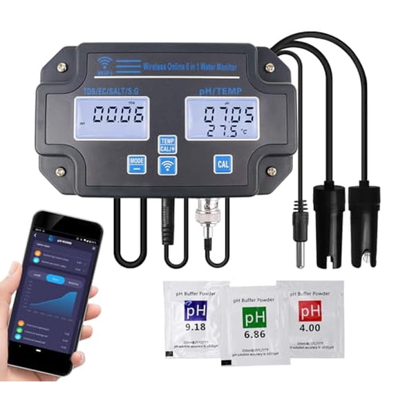 Smart Water Quality Tester 6-in-1 pH/EC/TDS/Salinity/S.G and Temperature Meter with Wi-Fi Continuous Monitor Wall-Mounted pH Water Meter with ATC and Easy Calibration for Aquariums, Hydroponics