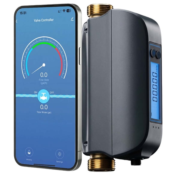 Smart Water Valve, GreenVation Water Flow Meter, 0.1gal/min Water Flow Monitor Alarm, Water Shut Off Valve for Home, WiFi Connected, Water Usage Reports (DN20 & 3/4 inch)