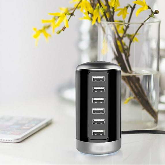 COFEST 6 USB Smart Fast Charger 6A Multi-port USB Cylindrical Charger, applicable To android and IOS Mobile Phones, MP3/MP4, Cameras, Tablets, Fast Charging Socket Black