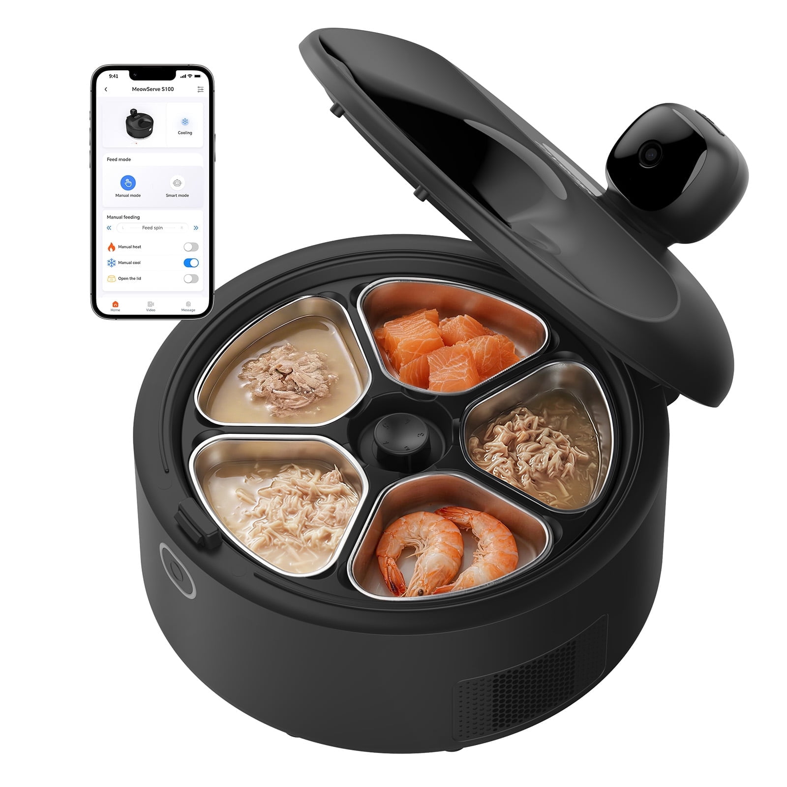 Smart Wet Food Feeder with Camera, Invengo Dual Semiconductor Cooling & Heating with 5 Stainless Steel Trays, Dual-band Wi-Fi APP Control, 5 Fresh Meals Pet Food Dispenser, Black