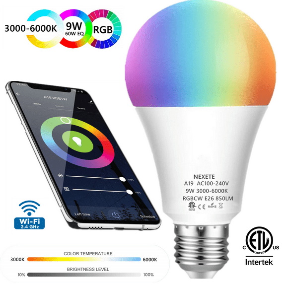 Smart Wi-Fi LED Light Bulb RGB+CW A19 60W Equivalent 9W 850Lm，Muti-White ,Multi-Color, Dimmable and Tunable White 3000-6000K No Hub Required, APP Remote Control, Voice Control