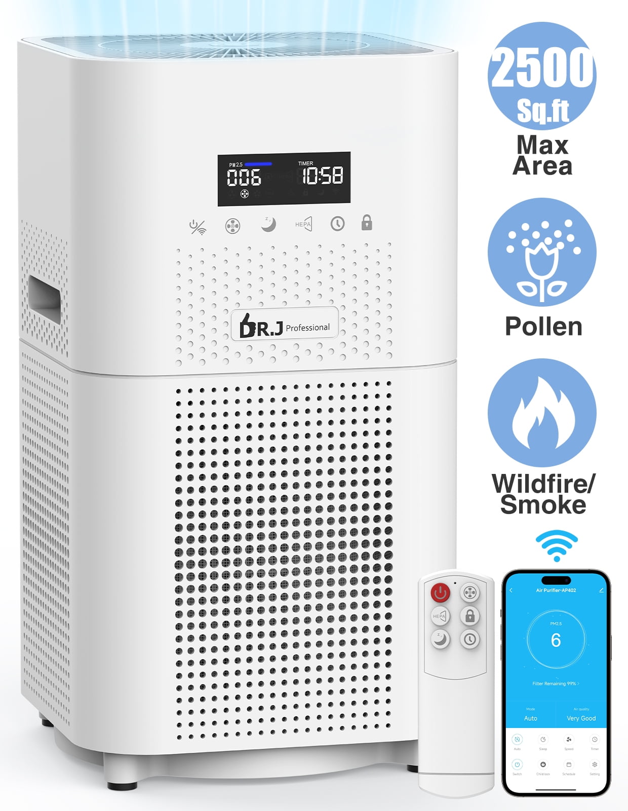 Smart WiFi Air Purifiers for Home Large Room up to 2500 Sq.ft, HEPA Air Purifier for Bedroom, Air Purifiers for Allergies and Asthma, Pollen, Wildfire/Smoke, Pets Hair, Odors, Dust