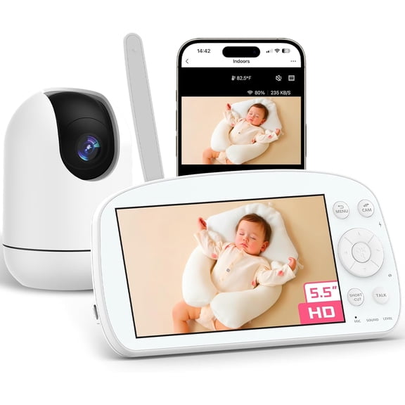 Smart WiFi Baby Monitor with Camera and Audio, 5.5 1080P Wall-Mountable Display, 360 Pan & Tilt, HD Night Vision, Soothing Music, Multi-User Support, Two-Way Talk, Temperature & Motion Detection