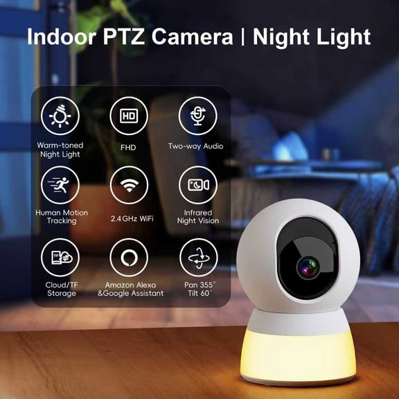 Smart WiFi Camera Baby Monitor With Night Light, 1080P Secure Wide Angel Video IP Wireless Camera with Pan Tilt Two Way Audio