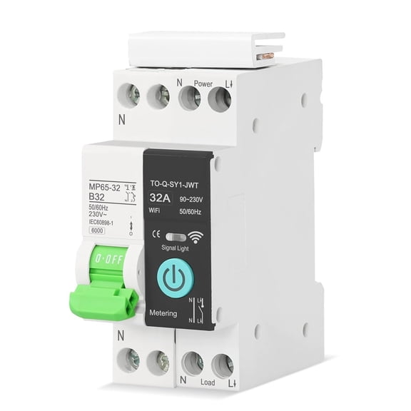 Smart WiFi Circuit Breaker with Energy Monitoring, 1P+N DIN Rail Timer Switch, Voice Control via Alexa/Google, Short Circuit Protection for Home Automation(32A)