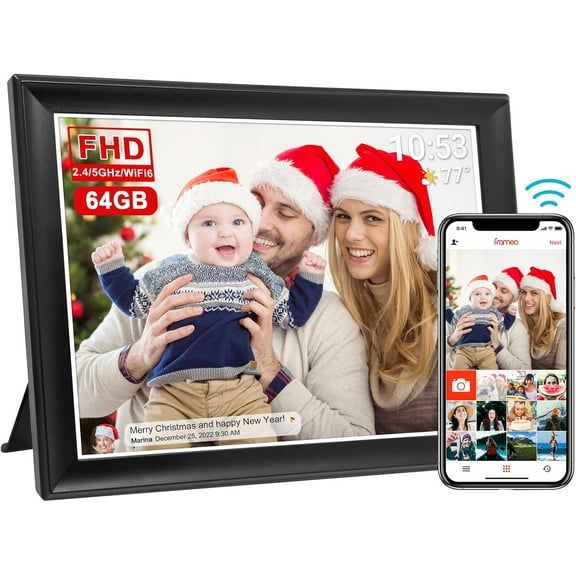 Smart WiFi Digital Photo Frame with 10.1 Inch IPS Touch Screen, 32GB Storage, Auto-Rotate Display, and Remote App Sharing