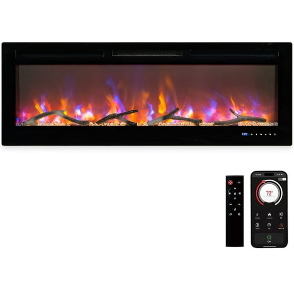 Smart WiFi Electric Fireplace 50 Inch Wall Mounted, 3D LED Flame Effect with Alexa Voice Control, 750W/1500W Heater for 400 Sq.Ft, Black Steel & Glass Design