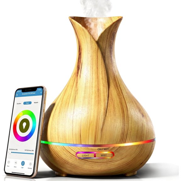 Smart WiFi Humidifier - Aromatherapy Essential Oil Diffusers with App Control & Voice Control - Works with Alexa & Google Home - 400ml Ultrasonic Diffuser & Humidifier - Light Brown