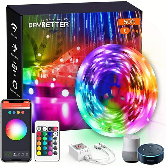 Smart WiFi Led Lights, Tuya App Controlled, Work with Alexa and Google Assistant, Timer Schedule, RGB Strip Color Changing Décor for Bedroom Party Kitchen, 50ft