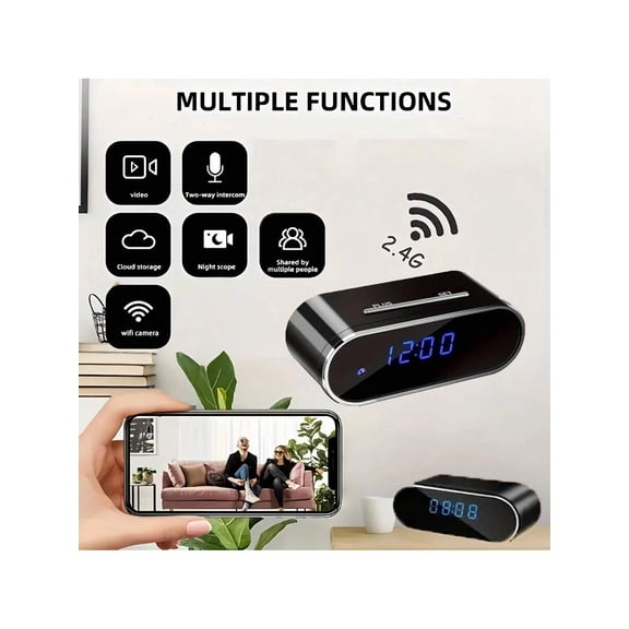 Smart WiFi Security Camera with Clock: 1080P HD Night Vision, Motion Detection Alarm, Loop Recording, 2.4GHz WiFi, USB & Battery Backup, Remote View & Siren for Indoor Monitoring