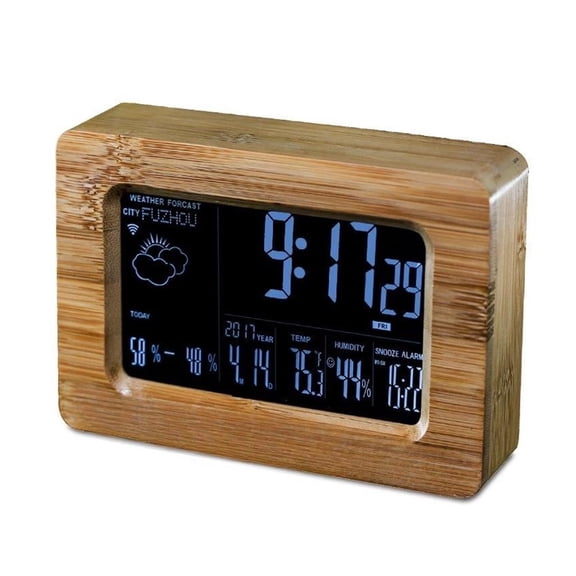 Smart WiFi Weather Forecast Alarm Clock Solid Wood LED Digital Display Voice Control Auto Sync