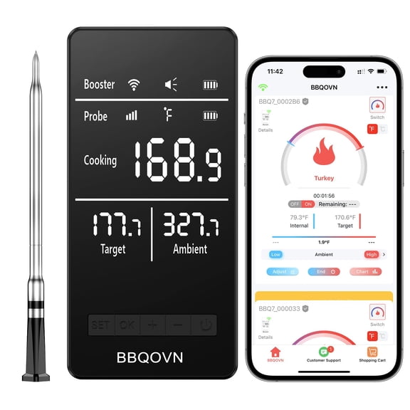 Smart WiFi Wireless Meat Thermometer Unlimited Range 7 NIST Cert.Sensors Accuracy 0.5F Sub-1G (10X Stronger Than Bluetooth) APP&Digital Base,Monitor for BBQ, Grill,Oven, Smoker(1, Black, Small)