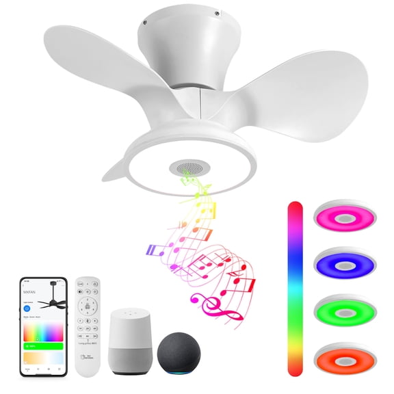 Smart Wifi Flush Mount Ceiling Fan With Lights,Bluetooth Ceiling Fan with Speaker and Remote/APP/Alexa Control,Dimmable RGB Light,Low Profile 6 Speeds Reversible Blades for Bedroom Kitchen Living roo