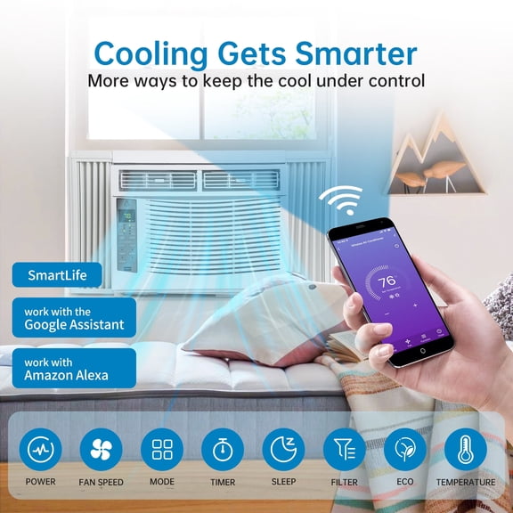 Smart Window Air Conditioner 6000 BTU – 115V Fast Cooling, Quiet 50dB, Energy Efficient, Dehumidify, Remote & App Control, Easy Installation – Built-in WiFi