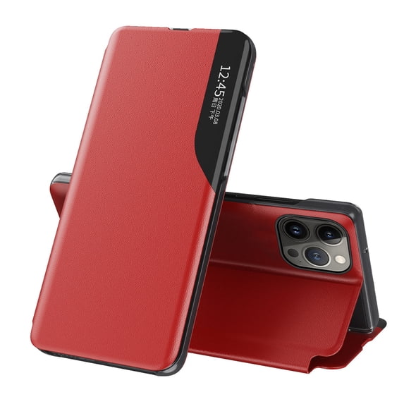 Smart Window Phone Case for Apple iPhone 16 Pro Max, TPU Leather Shockproof Protective with Magnetic Kickstand Phone Cover for Apple iPhone 16 Pro Max, Red