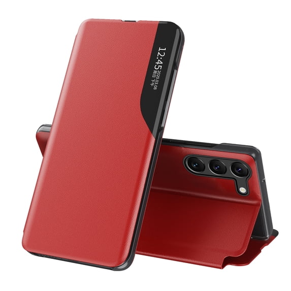 Smart Window Phone Case for Samsung Galaxy S25 Plus, TPU Leather Shockproof Protective with Magnetic Kickstand Phone Cover for Samsung Galaxy S25 Plus,Red