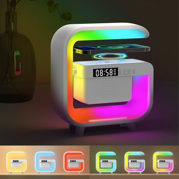 Smart Wireless Bluetooth Speaker Charger Atmosphere Lamp Alarm Clock 4-in-1 Charging Station Music Lamp LED Table Lamp Alarm Clock Color Changing Sound Machine Gifts for Men Women Home Decor