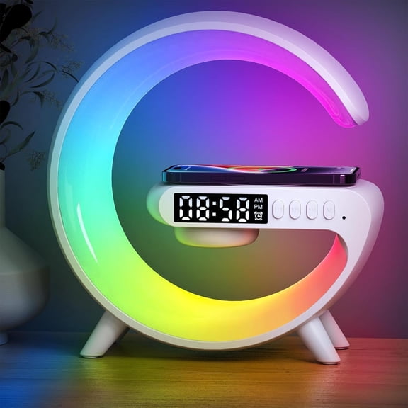 Smart Wireless Charging Alarm Clock with Bluetooth Speaker, App Controlled Bedside Lamp Table Light and Night Light, Bedroom Home Decor - White
