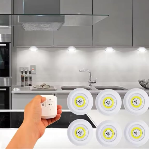 Smart Wireless LED Night Light, Dimming Light, Touch Light, Round with Remote Control for Indoor Kitchen Furniture Cabinet Wardrobe Hallway Bedroom Lighting, 6 Pack (White Light)