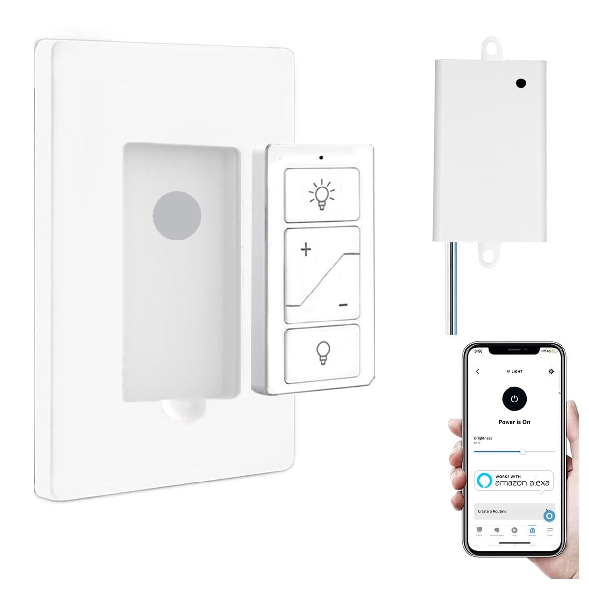 Smart Wireless Light Switch and Receiver Kit,Brightness Adjustable,120ft RF  Range No Wiring Mini Remote Control with Wall Plate,Voice