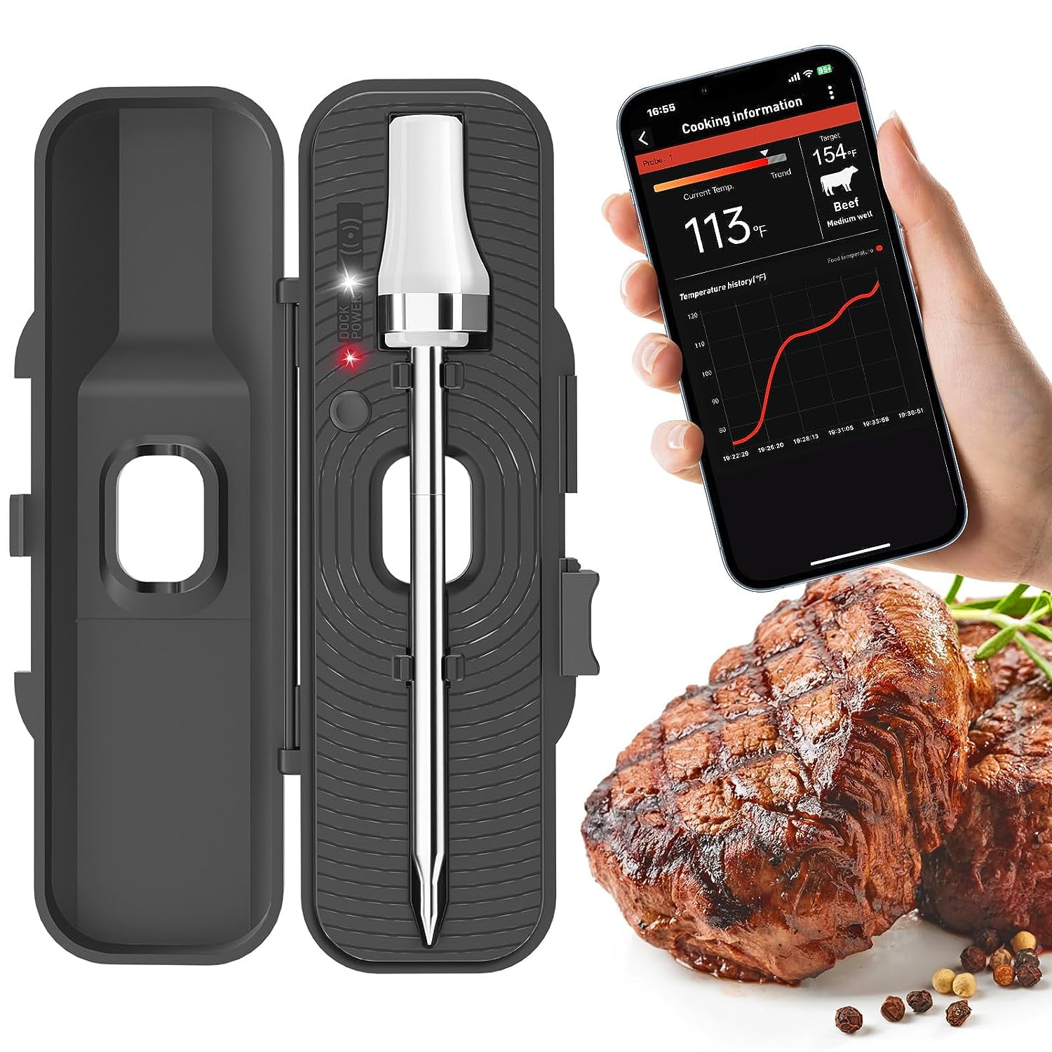 LSENLTY Smart Meat Thermometer, 165ft Wireless Range Bluetooth Grill T