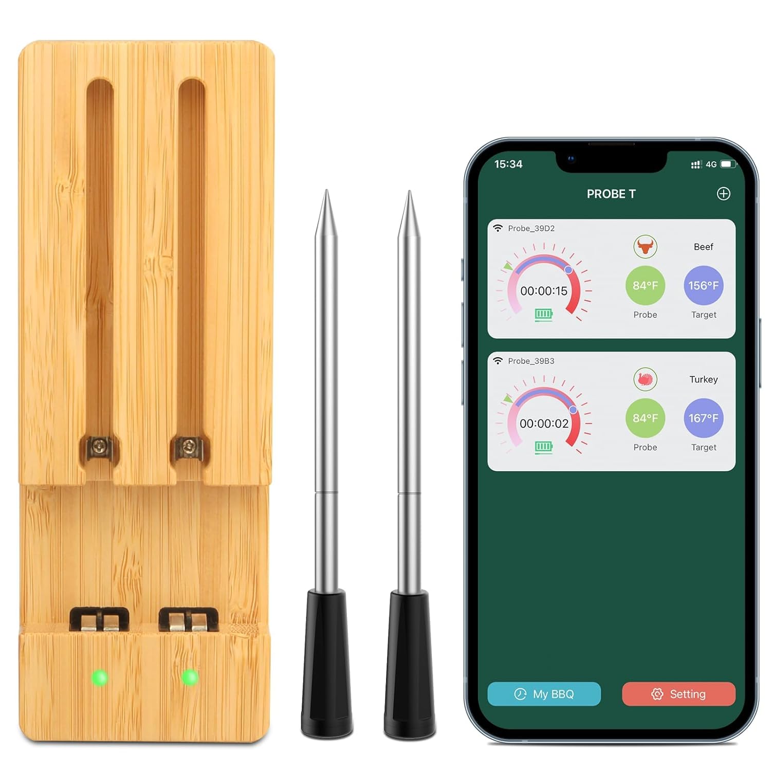 RUXAN Wireless Smart Meat Thermometer with 2 Probes,Timer,Alarm,Smart