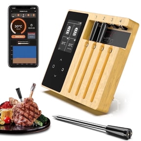 Smart Wireless Meat Thermometer - 4 Ceramics Probes,Upgraded Large Split Screen, Temperature Alert, Long-Range Bluetooth App or Host Control for iOS & Android, Perfect for Bbq, Oven, Grill, Kitchen