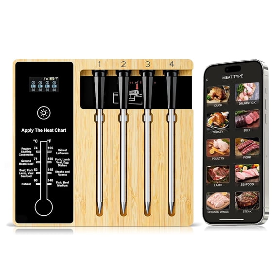Smart Wireless Meat Thermometer 4 Probes, Bluetooth Food Thermometer, Remote Tracking and Real-Time Readings from Apps, for iOS Android, BBQ, Grill, Smoker