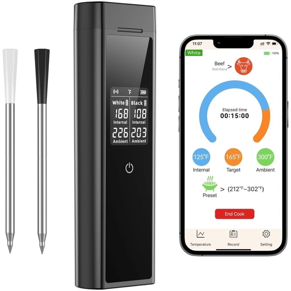 Smart Wireless Meat Thermometer Digital, 2 Probes, Advanced Bluetooth Food for Cooking, IP67, Real-Time Monitoring & Alerts with APP BBQ, Grill, Oven, Smoker, Kitchen Gifts