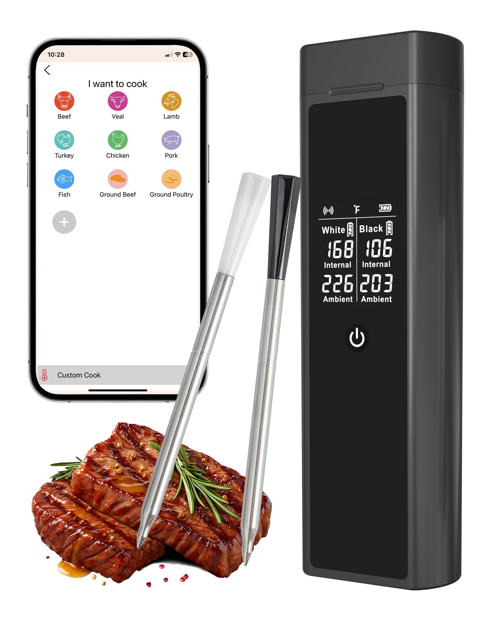 Smart Wireless Meat Thermometer Digital, 2 Probes, Advanced Bluetooth Food Thermometer for Cooking, IP67, Real-Time Monitoring & Smart Alerts with APP for BBQ, Grill, Oven, Smoker, Kitchen Gifts
