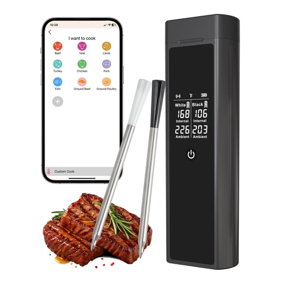 Smart Wireless Meat Thermometer Digital, 2 Probes, Advanced Bluetooth Food Thermometer for Cooking, IP67, Real-Time Monitoring & Smart Alerts with APP for BBQ, Grill, Oven, Smoker, Kitchen Gifts