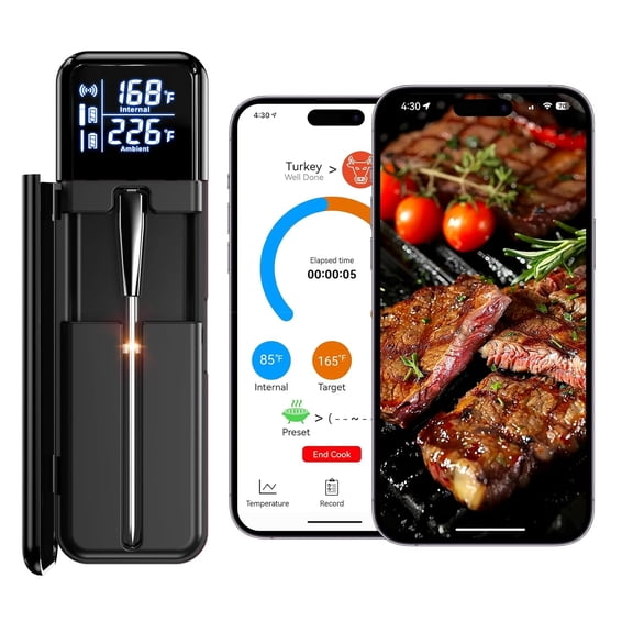 Smart Wireless Meat Thermometer, Digital Cooking Thermometer with High-Accuracy Sensors, Ceramic Heat-Resistant Probe, LCD & App Control for Kitchen, BBQ, Oven, Grill, Air Fryer