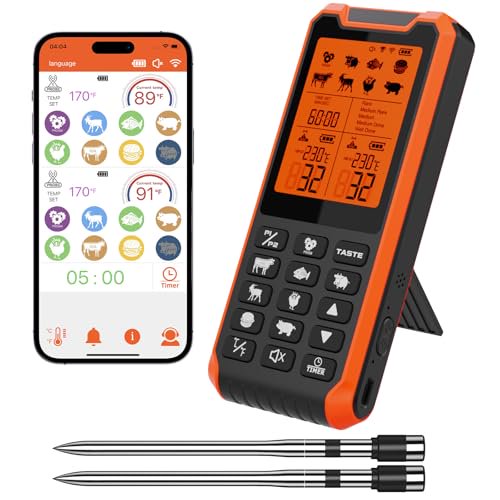 Smart Wireless Meat Thermometer with Dual Probes & APP Alerts, Bluetooth Grill Thermometer with 800ft, Digital Base, 0.5Accuracy, LCD Backlit Screen for BBQ, Oven, Smoker, Kitchen Cooking
